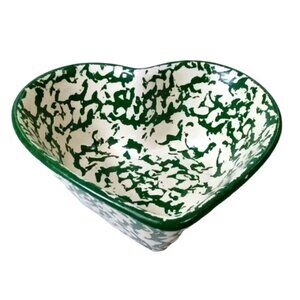 Green & White Country Heart Shaped Serving Dish, Unbranded, Spongeware??